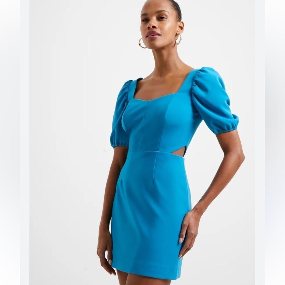 French Connection Mini Dress Puff Sleeve Cutout Cocktail Party Dress Blue